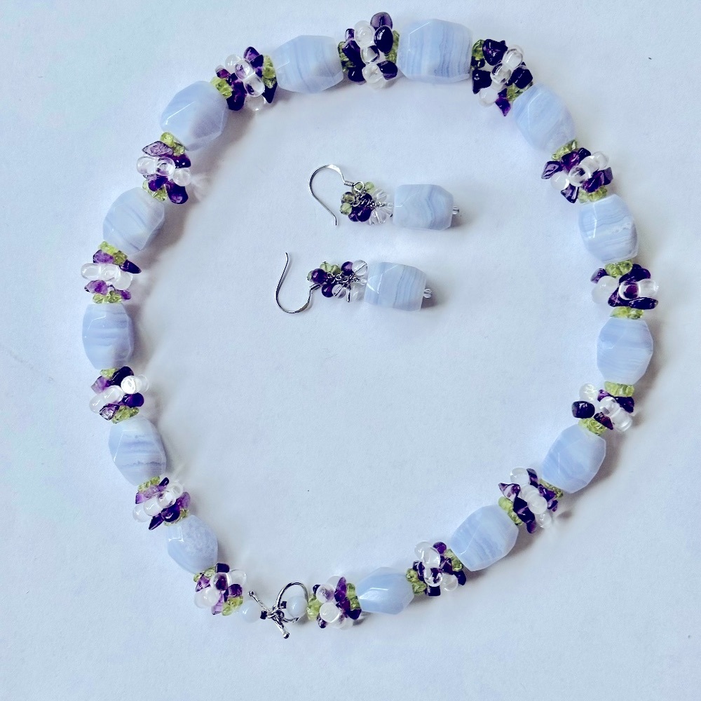 vtg blue lace agate amethyst peridot quartz necklace + earrings sterling silver